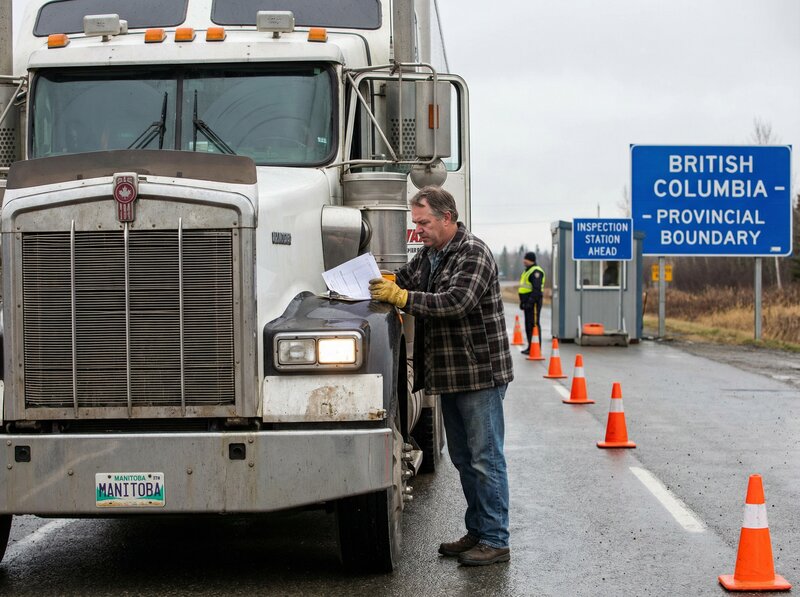 Transport truck at provincial border checkpoint