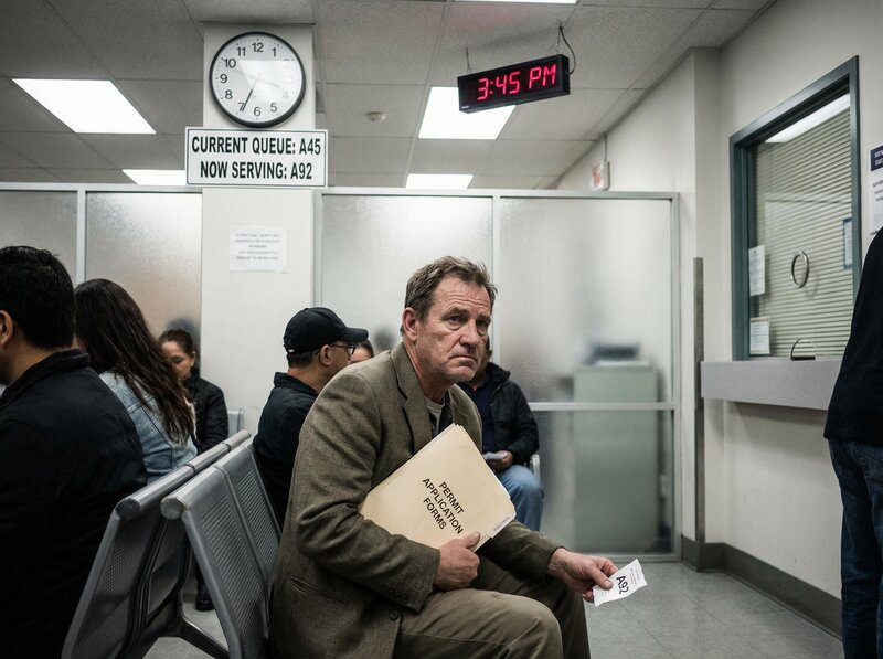 Business owner waiting at government office counter for permit approval