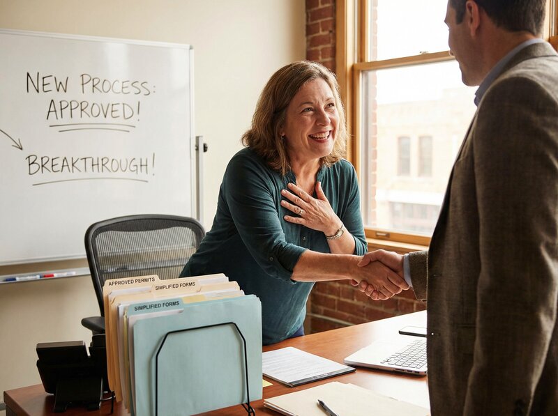 Business owner celebrating streamlined permit approval