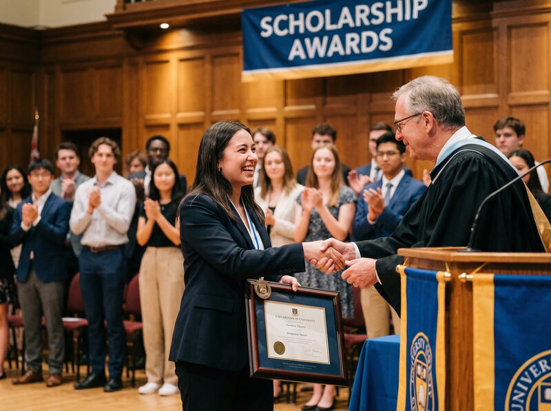 Young woman receiving scholarship award certificate at ceremony with peers applauding