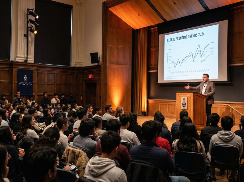 Speaker presenting Global Economic Trends at University of Toronto lecture hall