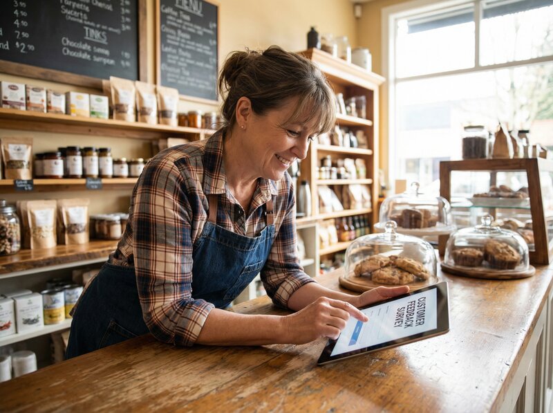 Small business owner completing survey on tablet at shop counter