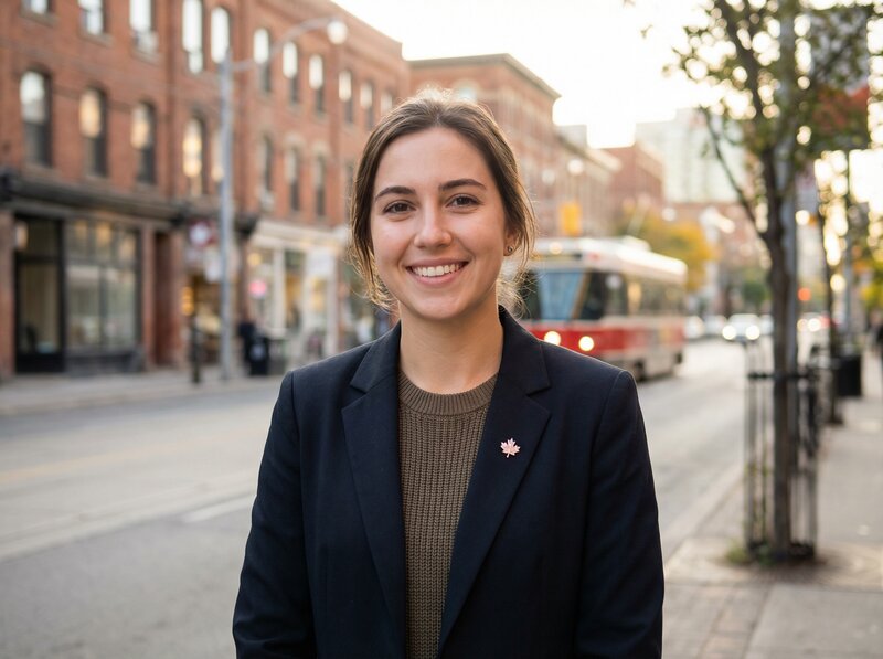 Confident young Canadian entrepreneur with maple leaf pin in urban Toronto setting