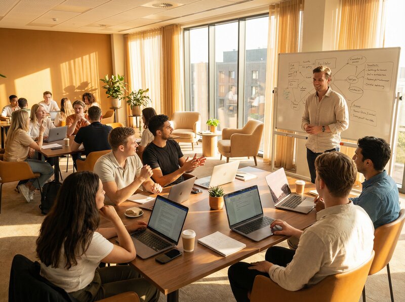 Diverse young professionals in intensive workshop with facilitator at whiteboard, golden summer light