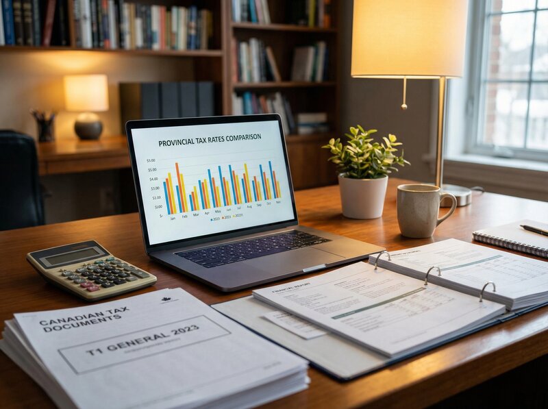 Professional tax analysis workspace with provincial tax rate charts on laptop