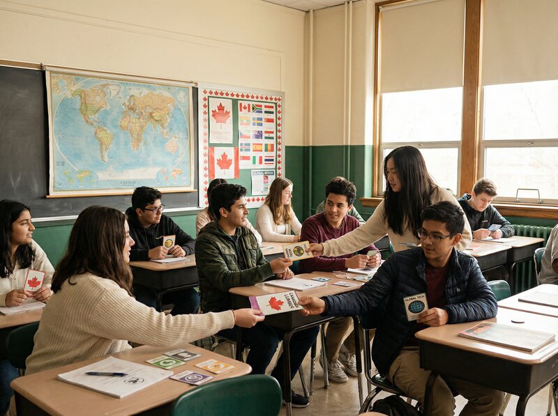 Diverse high school students in classroom trading simulation exchanging cards, world map and Canadian flags on wall