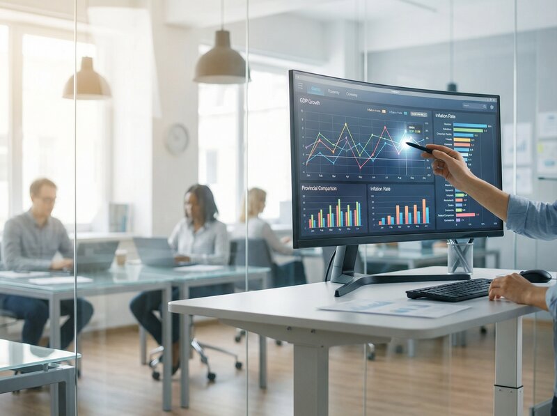 Interactive data dashboard with economic trend lines on large monitor