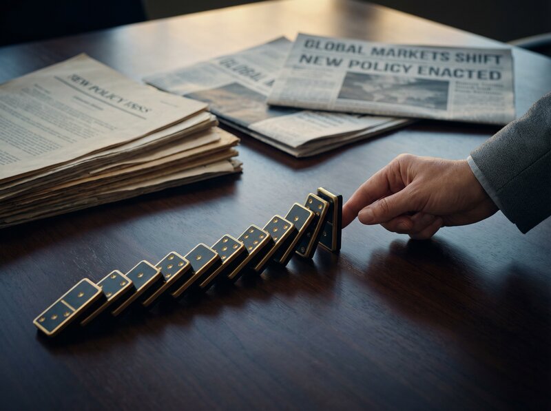 Dominoes falling in chain reaction with policy newspaper headlines in background, cause and effect concept