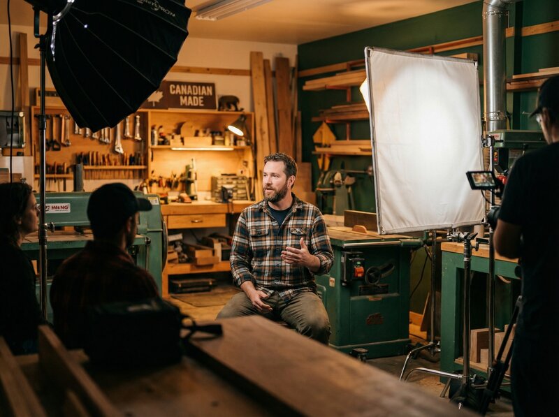 Canadian entrepreneur being interviewed in woodworking workshop with professional lighting setup