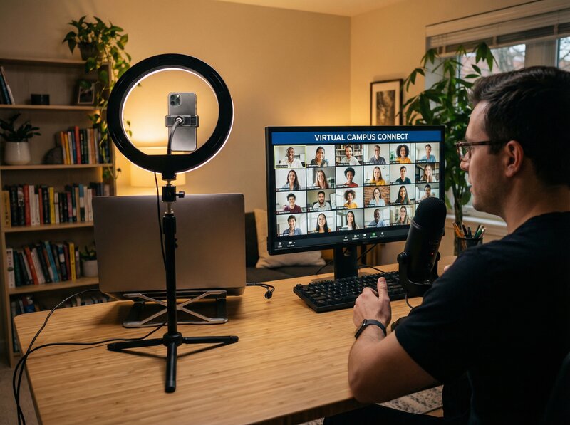 Speaker presenting to virtual audience with student faces on screen